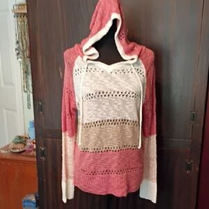 BiBi Salmon Pink, Taupe and Cream Lacy Open-Knit Sweater Size Small